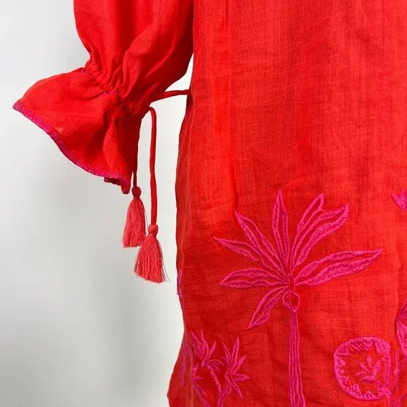 NWOT Johnny Was Ramie Embroidery Ruffles Red Luciana Tie Front Sleeve Dress XL